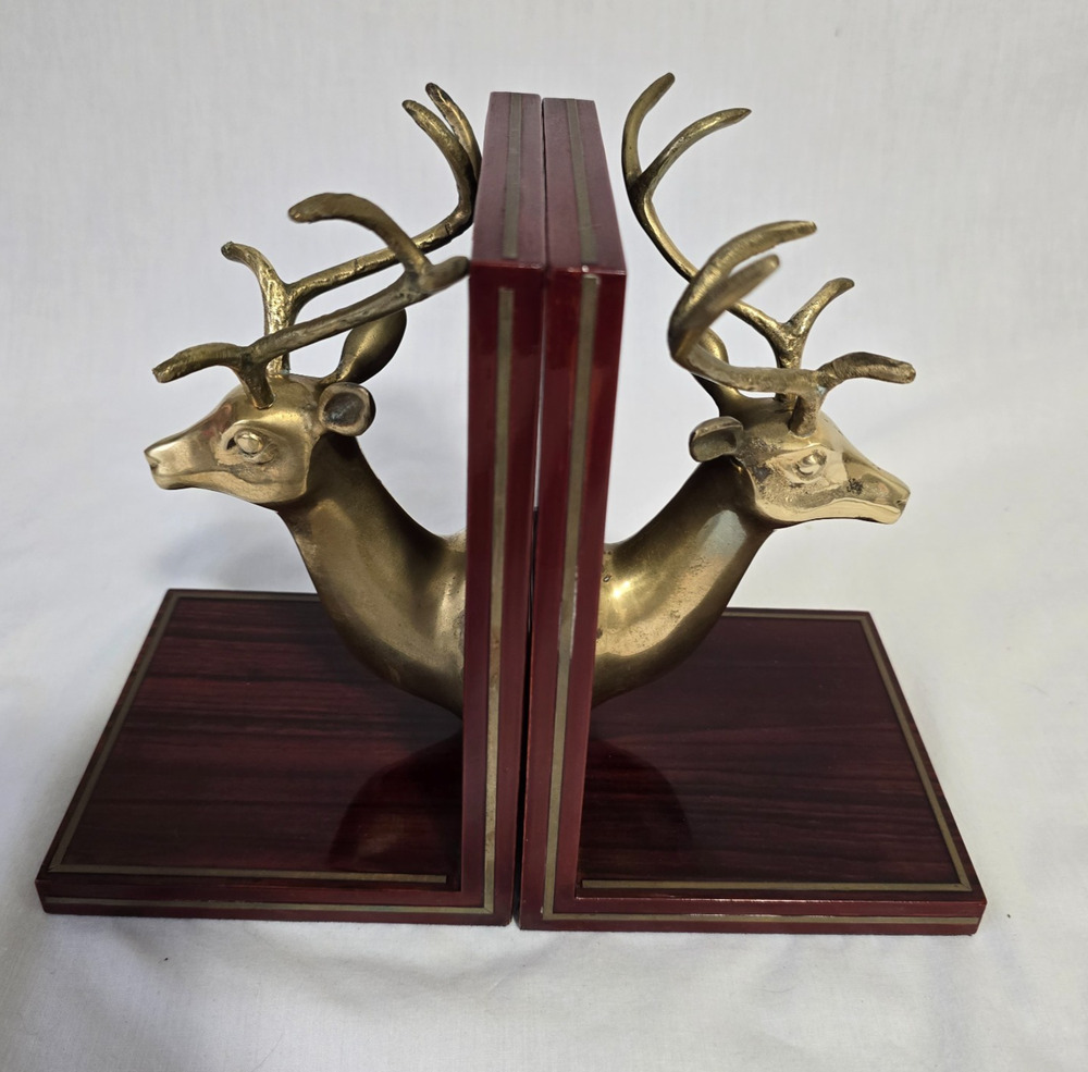 Vtg Brass & Cherry Wood Deer Bookends Resting Buck Head Profile 5" x 5" x 7.5"